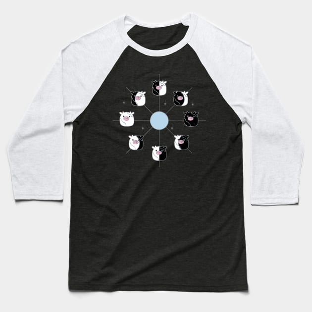 Kawaii Cow Phases of the Moon in Black, White and Light Blue Baseball T-Shirt by YourGoods